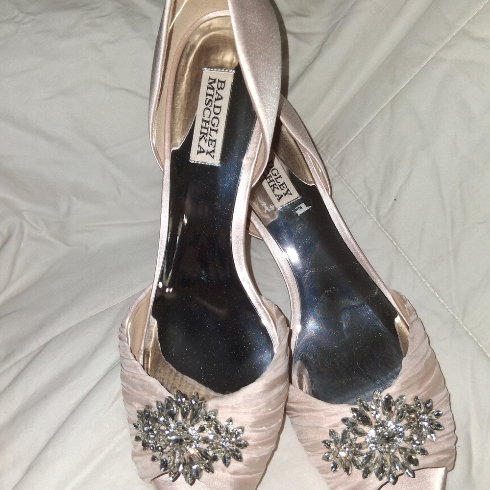 Badgley Mischka Champagne Satin Heels with Crystal Embellishments